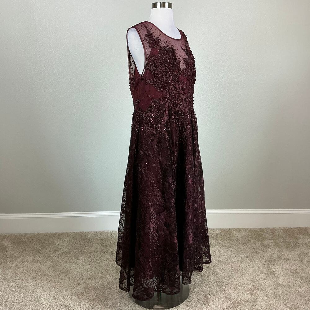 Mac Duggal 20421 Burgundy Red Evening Gown Beaded Lace Tea-Length Dress Size 12 - Picture 3 of 12
